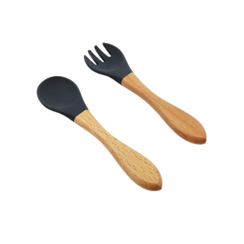 Dark Grey Silicone Baby Spoon and Fork Set